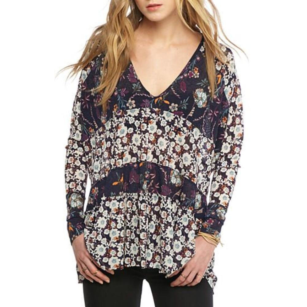 Free People Isabelle Top Womens Small Blue Purple Floral Oversized Boho